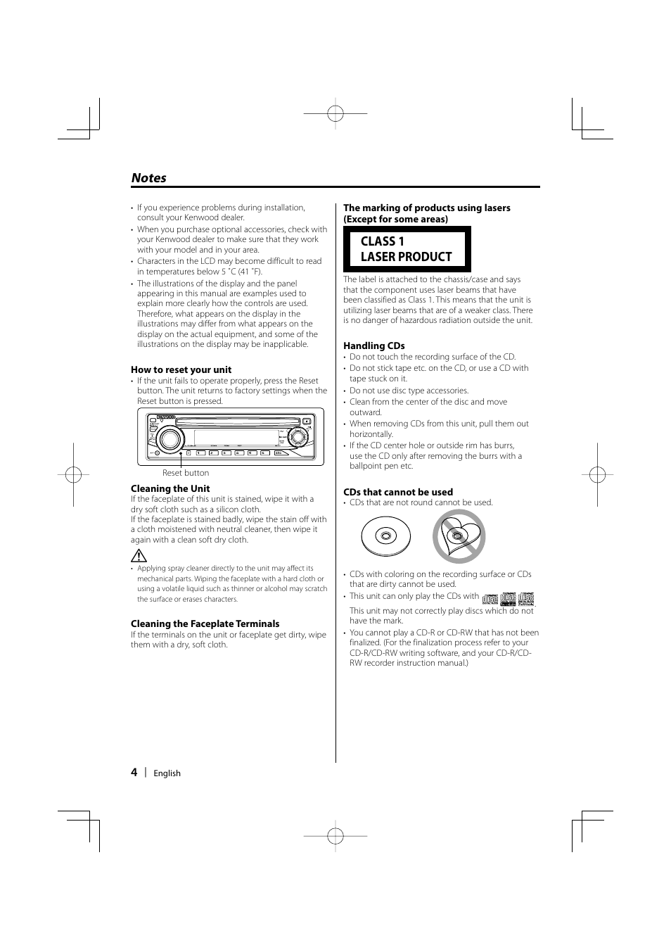 Class 1 laser product | Kenwood KDC-136 User Manual | Page 4 / 20