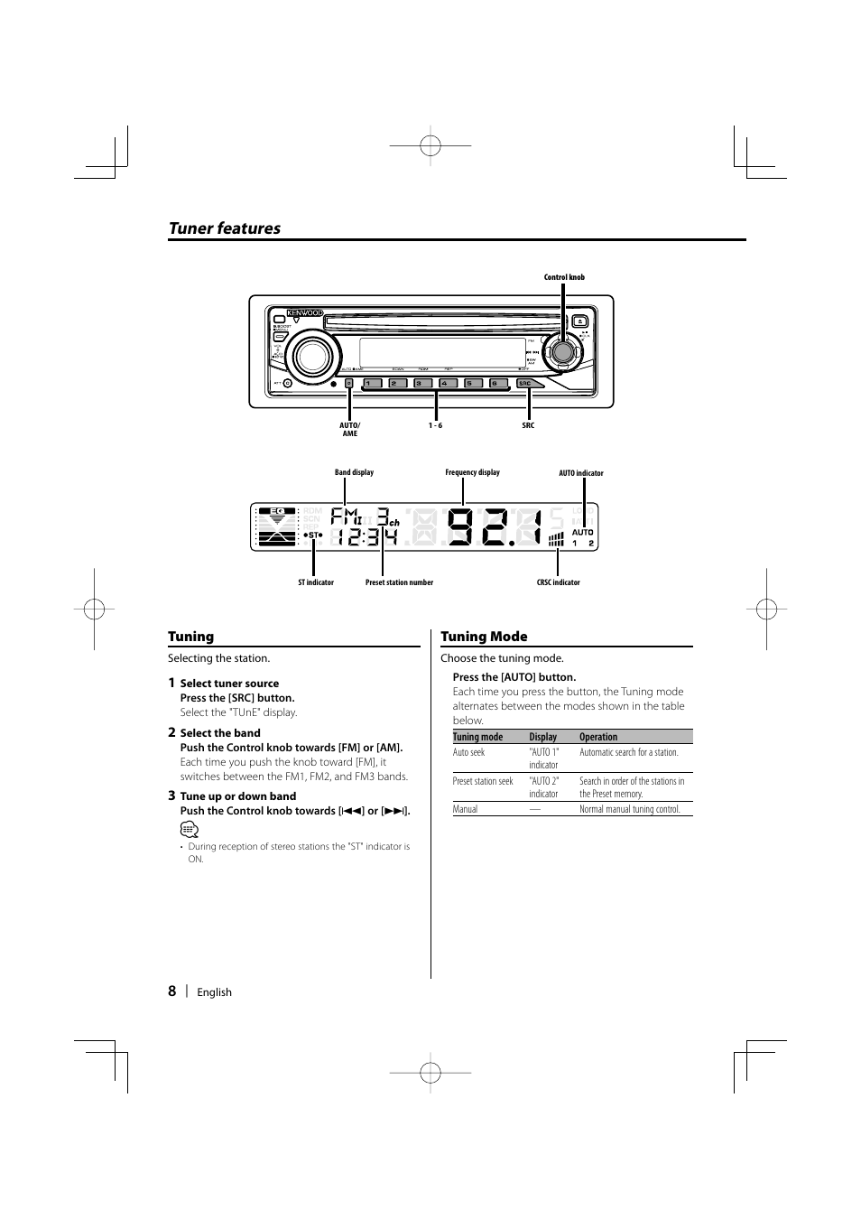 Tuner features, Tuning, Tuning mode | Kenwood KDC-136 User Manual | Page 8 / 20