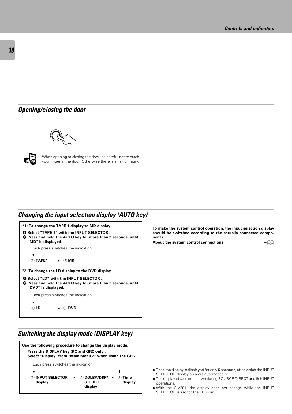 Opening/closing the door, Changing the input selection display (auto key), Switching the display mode (display key) | Controls and indicators | Kenwood C-V301 User Manual | Page 10 / 56