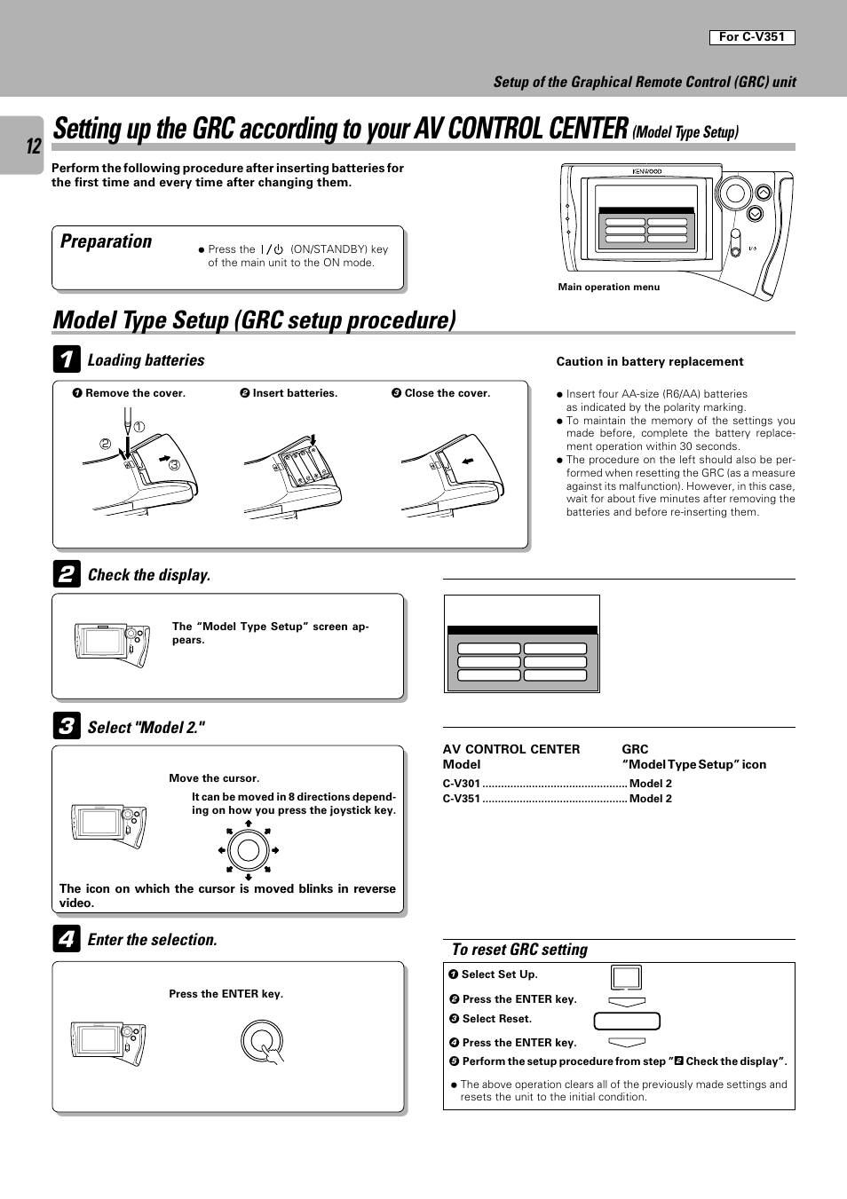 Model type setup (grc setup procedure), Preparation, Loading batteries | Check the display. select "model 2, Enter the selection, Model type setup), Setup of the graphical remote control (grc) unit | Kenwood C-V301 User Manual | Page 12 / 56
