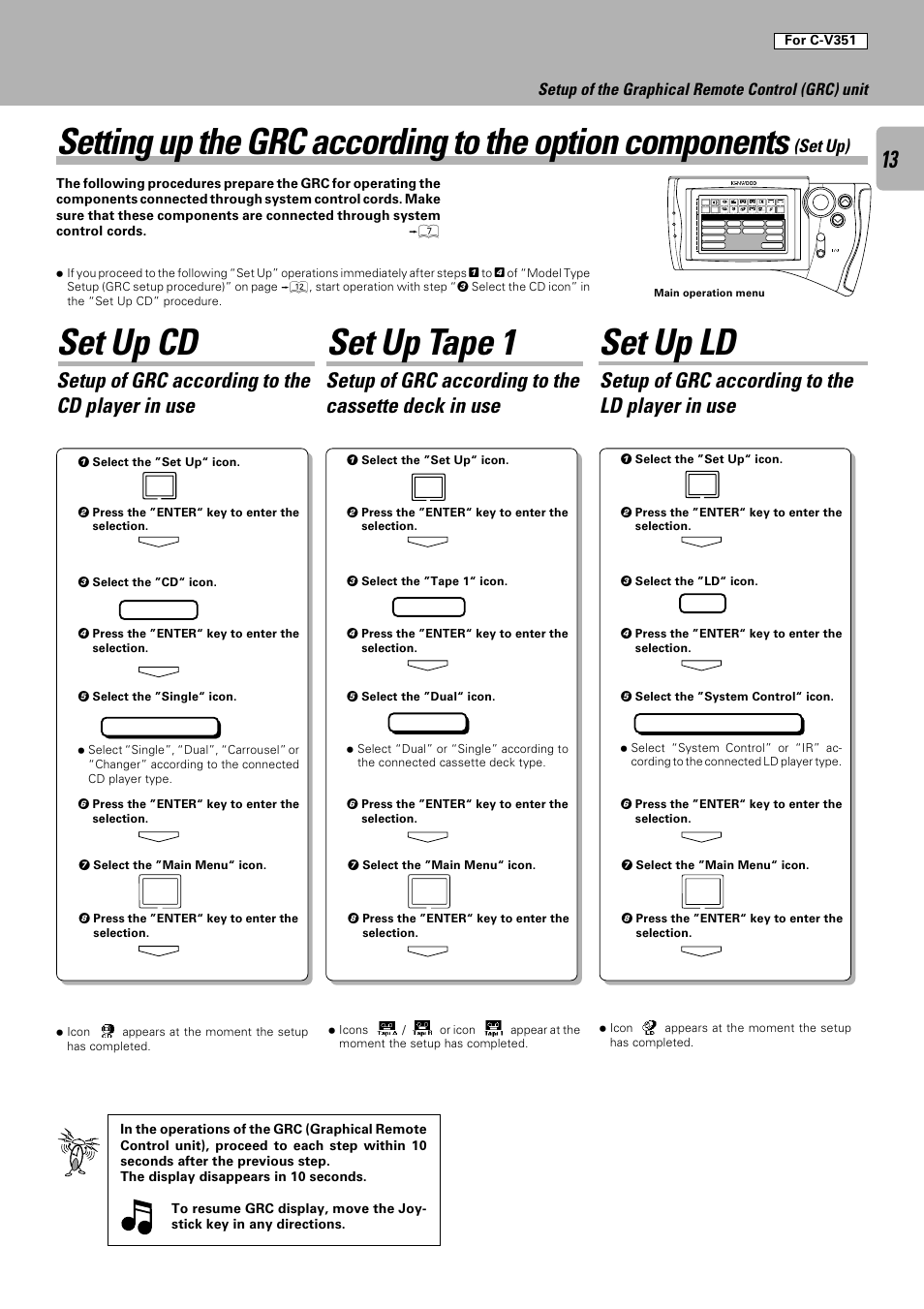 Set up cd set up tape 1 set up ld, Set up), Single dual | Setup of the graphical remote control (grc) unit, L d system control, Tape1 | Kenwood C-V301 User Manual | Page 13 / 56