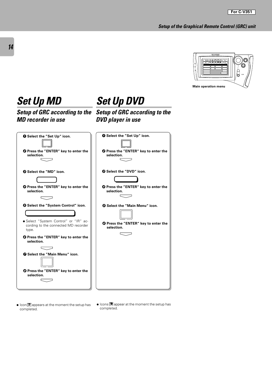 Set up md set up dvd, Setup of the graphical remote control (grc) unit, Dvd m d | System control, For c-v351 | Kenwood C-V301 User Manual | Page 14 / 56