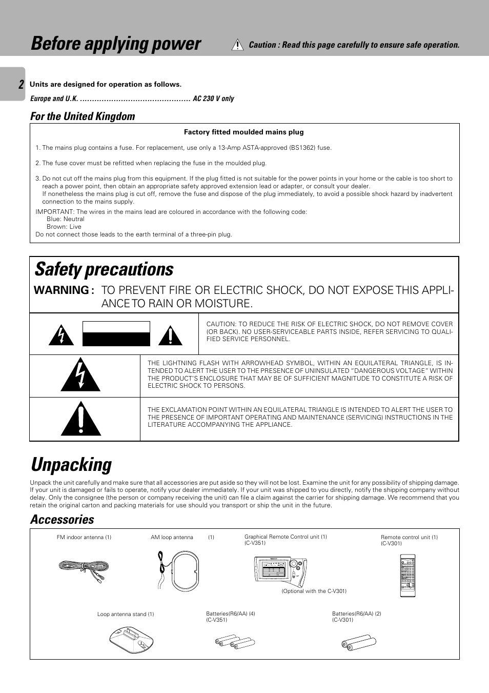 Before applying power, Safety precautions, Unpacking | Accessories, Unpacking before applying power safety precautions, For the united kingdom, Warning | Kenwood C-V301 User Manual | Page 2 / 56