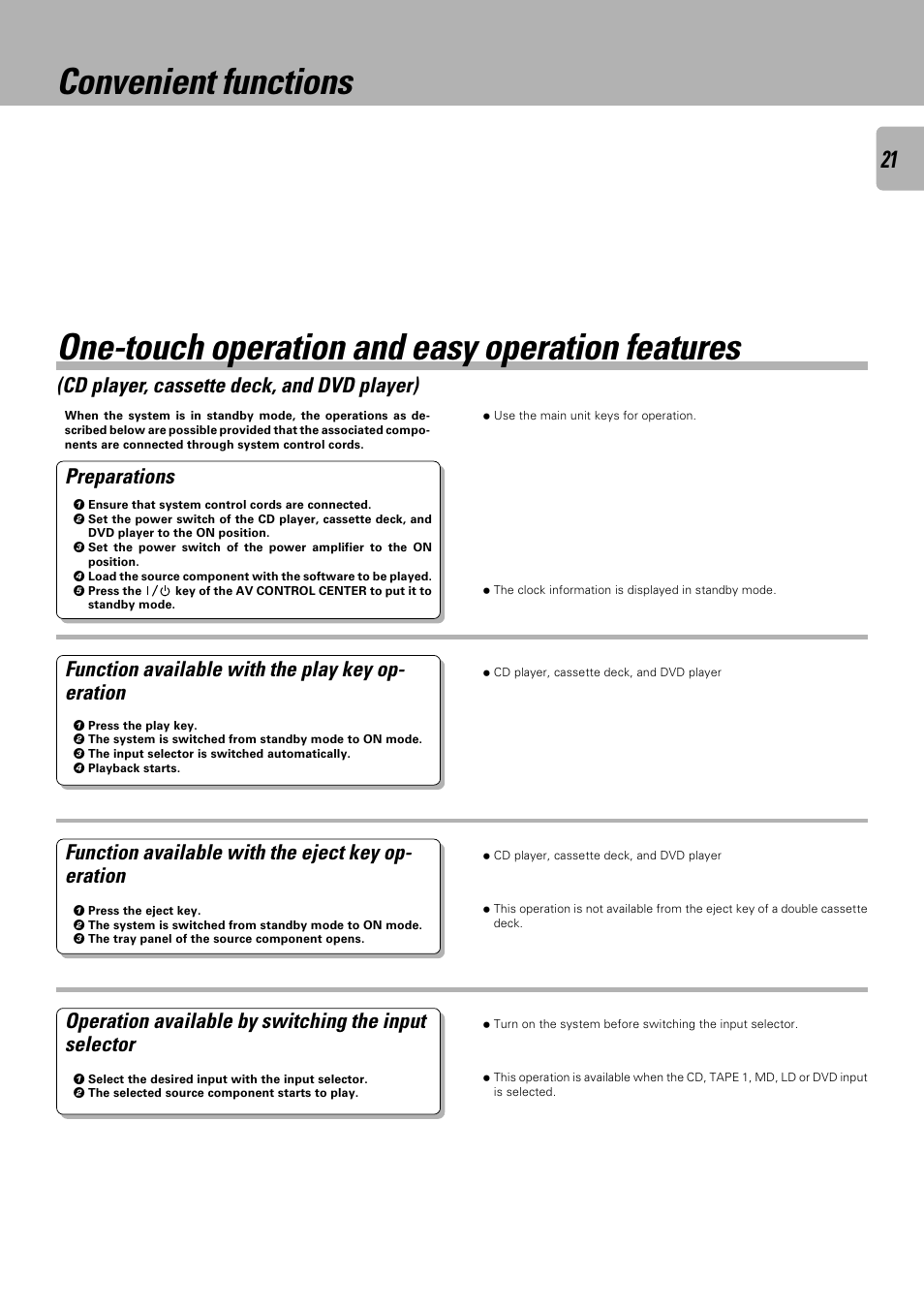 Convenient functions, One-touch operation and easy operation features, Cd player, cassette deck, and dvd player) | Function available with the eject key op- eration, Preparations, Function available with the play key op- eration | Kenwood C-V301 User Manual | Page 21 / 56