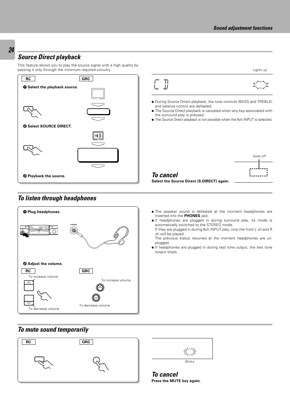 Source direct playback, Source direct, Sound adjustment functions | Kenwood C-V301 User Manual | Page 24 / 56