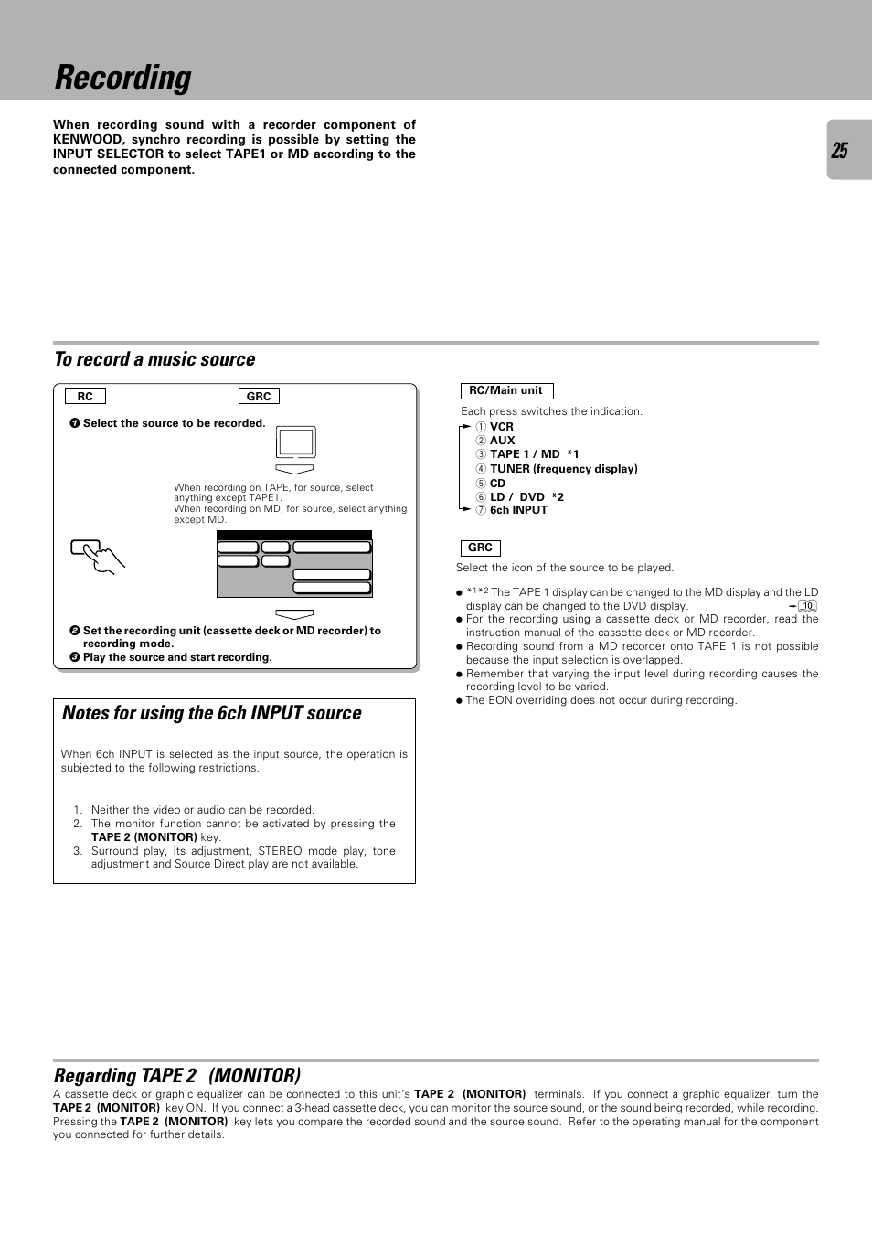 Recording, Regarding tape 2 (monitor) | Kenwood C-V301 User Manual | Page 25 / 56