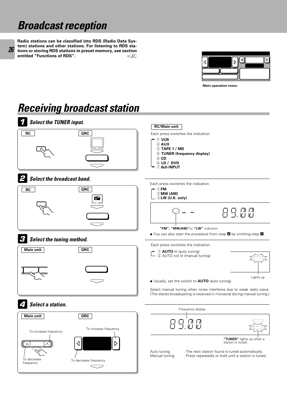 Broadcast reception, Receiving broadcast station, Select the tuner input | Select a station | Kenwood C-V301 User Manual | Page 26 / 56