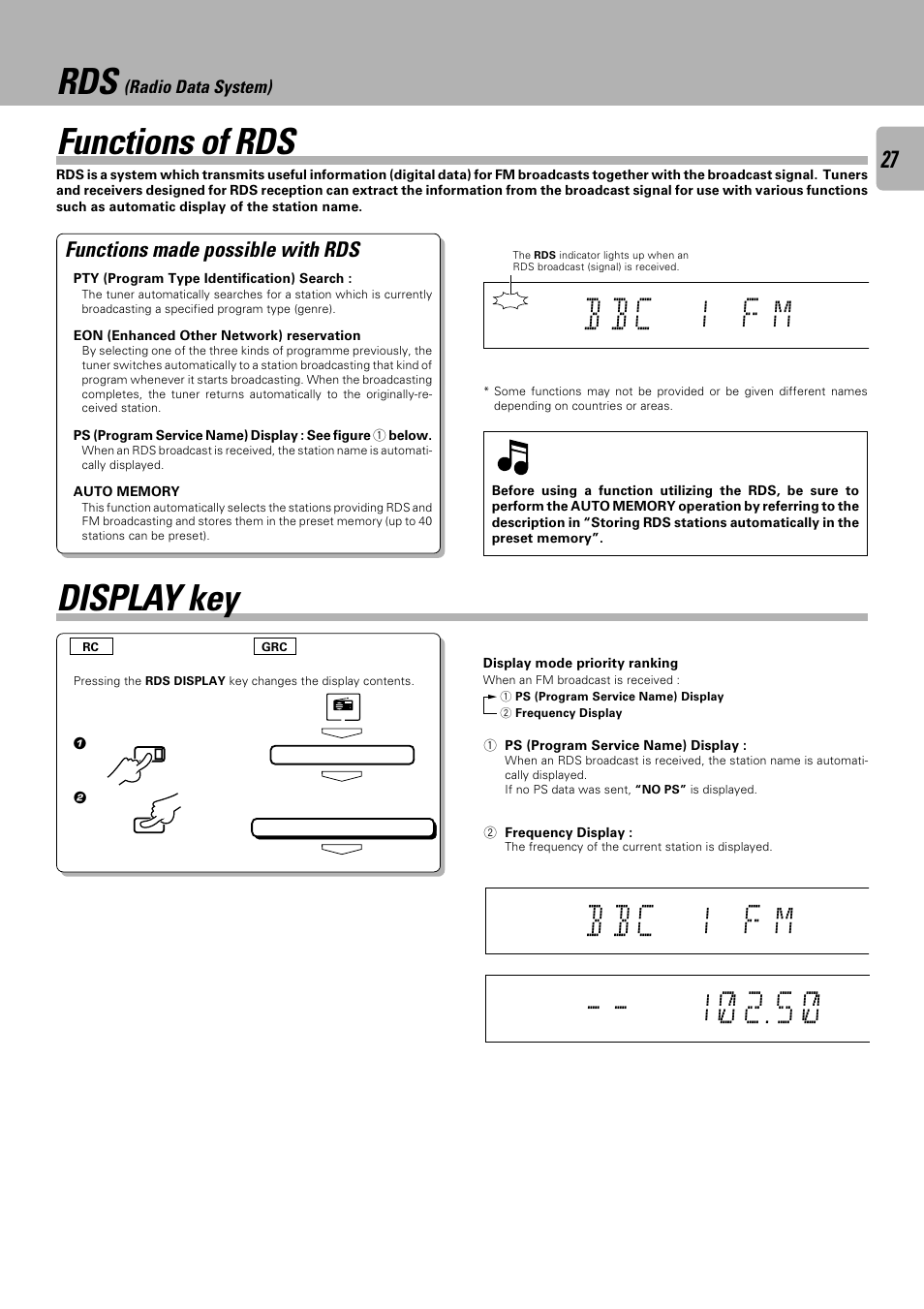 Rds (radio data system), Functions of rds, Display key | B b c 1 f m, Functions made possible with rds | Kenwood C-V301 User Manual | Page 27 / 56