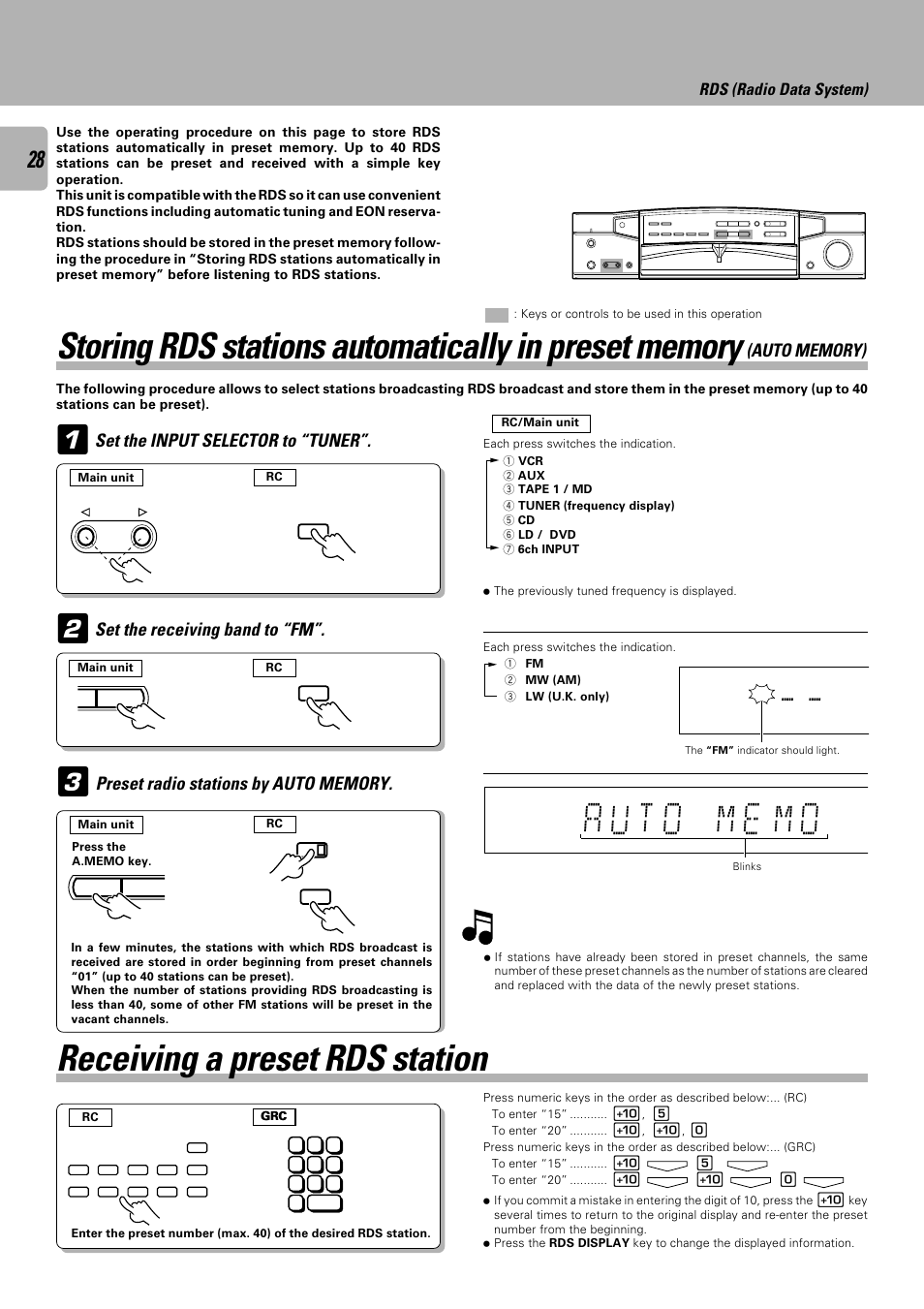 Display key, Receiving a preset rds station, Set the input selector to “tuner | Set the receiving band to “fm, Rds (radio data system) | Kenwood C-V301 User Manual | Page 28 / 56