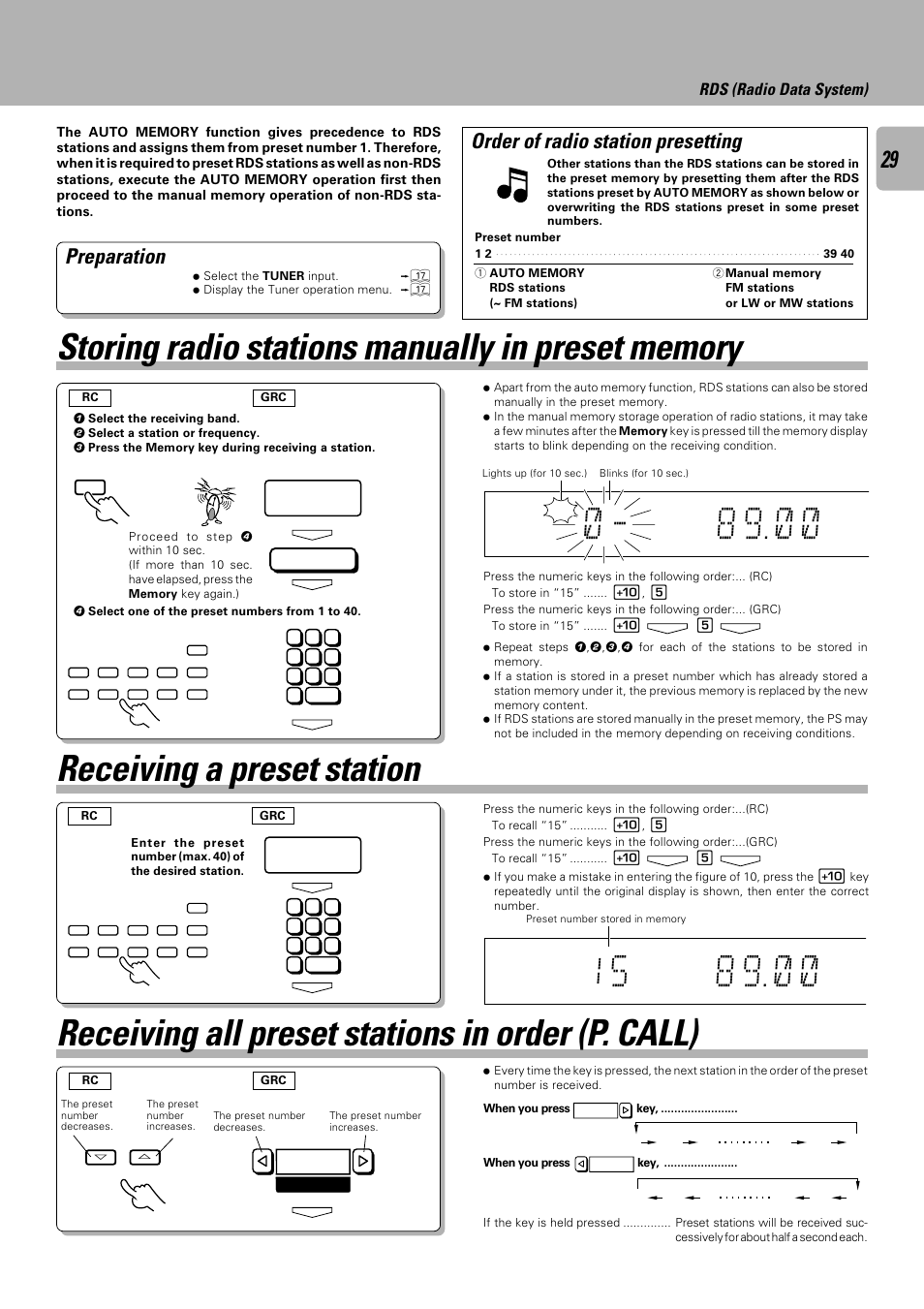 Storing radio stations manually in preset memory, Receiving a preset station, Receiving all preset stations in order (p. call) | Preparation, Order of radio station presetting, P.call, Rds (radio data system), 01ch | Kenwood C-V301 User Manual | Page 29 / 56