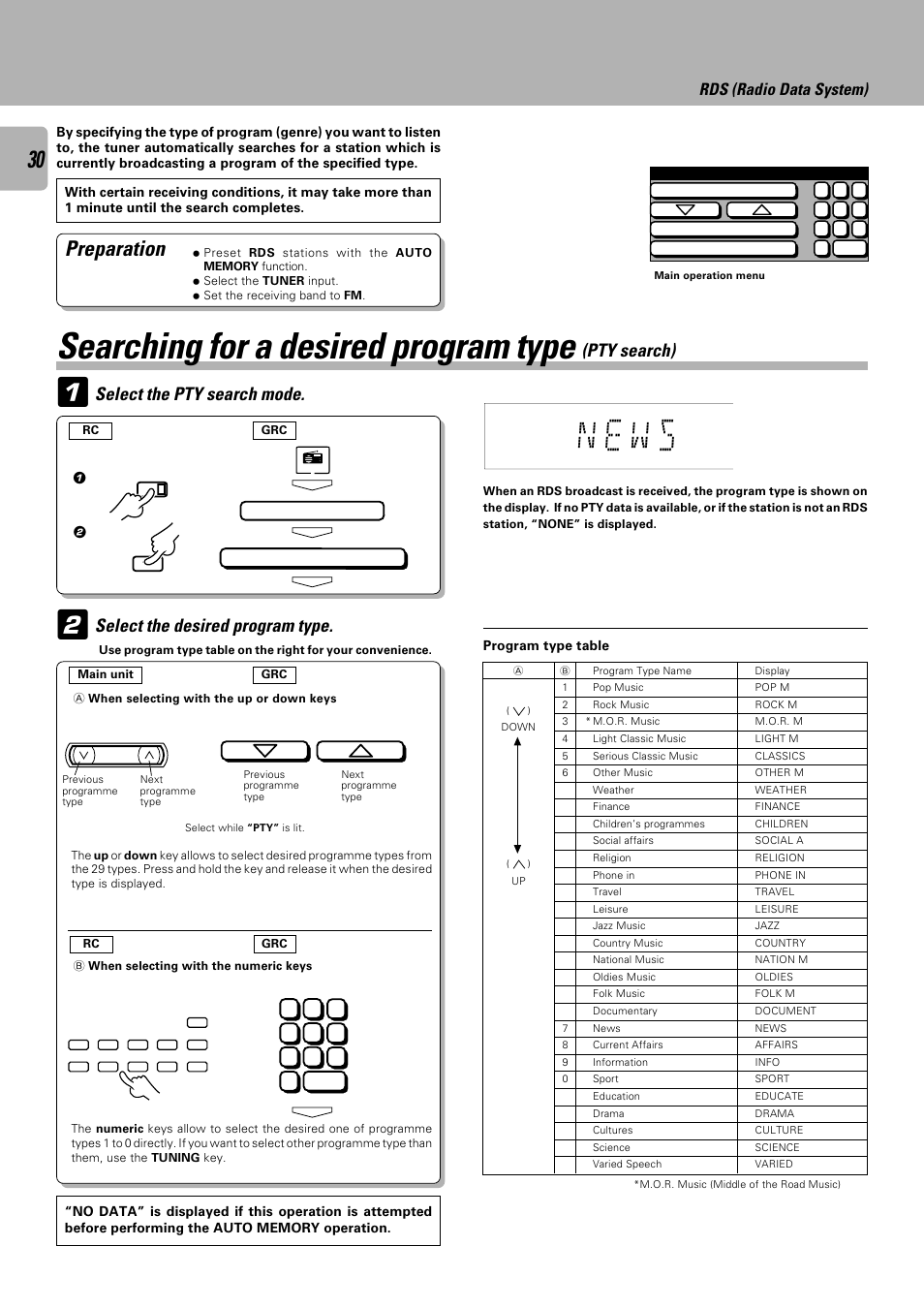 Searching for a desired program type (pty search), N e w s, Searching for a desired program type | Preparation, Pty search), Select the pty search mode, Select the desired program type, Rds (radio data system) | Kenwood C-V301 User Manual | Page 30 / 56