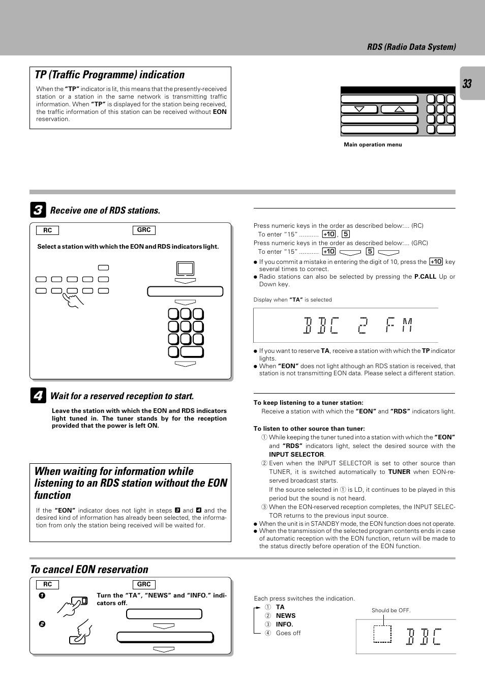 B b c m, B b 2, Tp (traffic programme) indication | Receive one of rds stations, Wait for a reserved reception to start, Ta /news / info, Rds (radio data system) | Kenwood C-V301 User Manual | Page 33 / 56