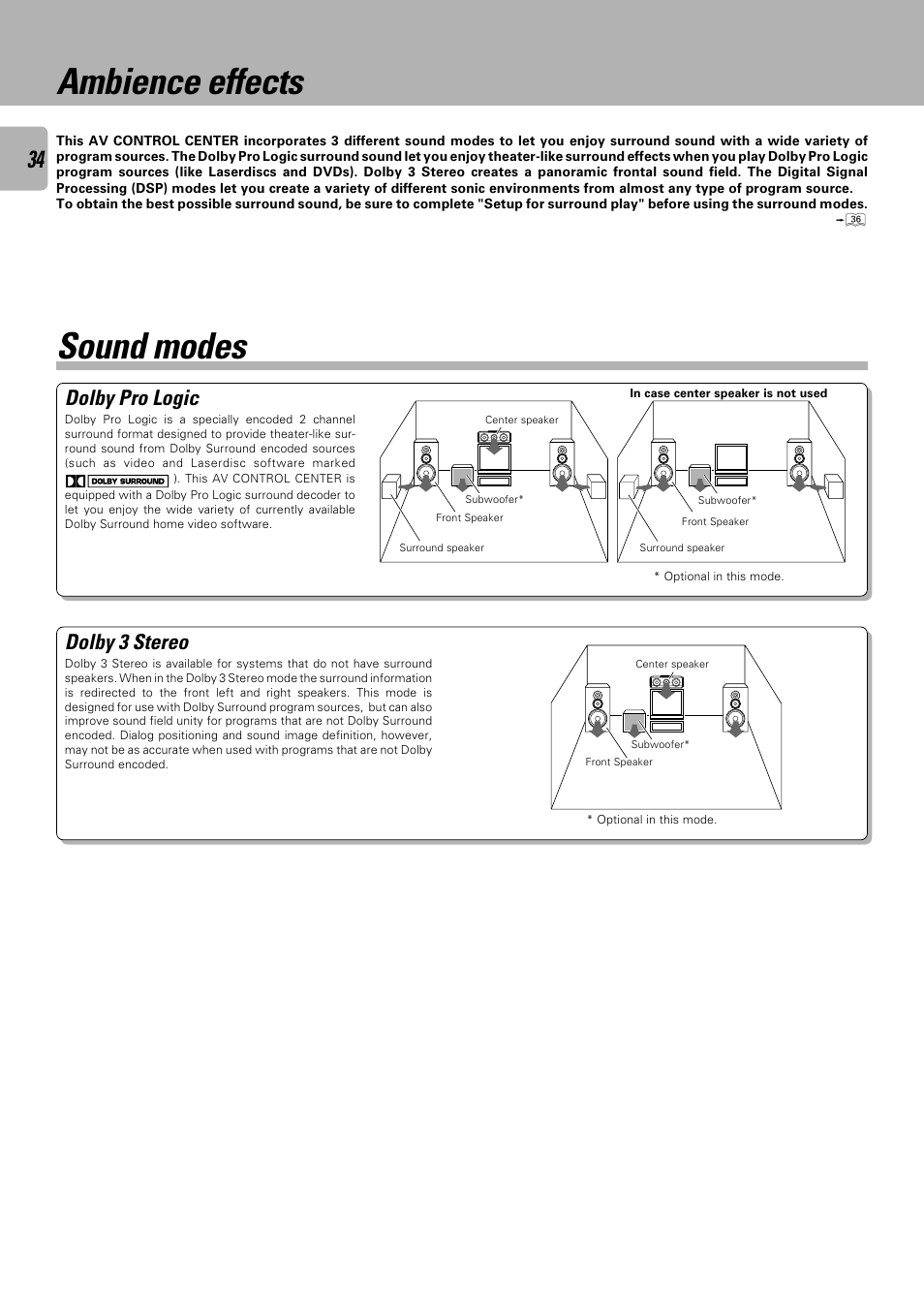 Ambience effects, Sound modes, Dolby pro logic | Dolby 3 stereo | Kenwood C-V301 User Manual | Page 34 / 56