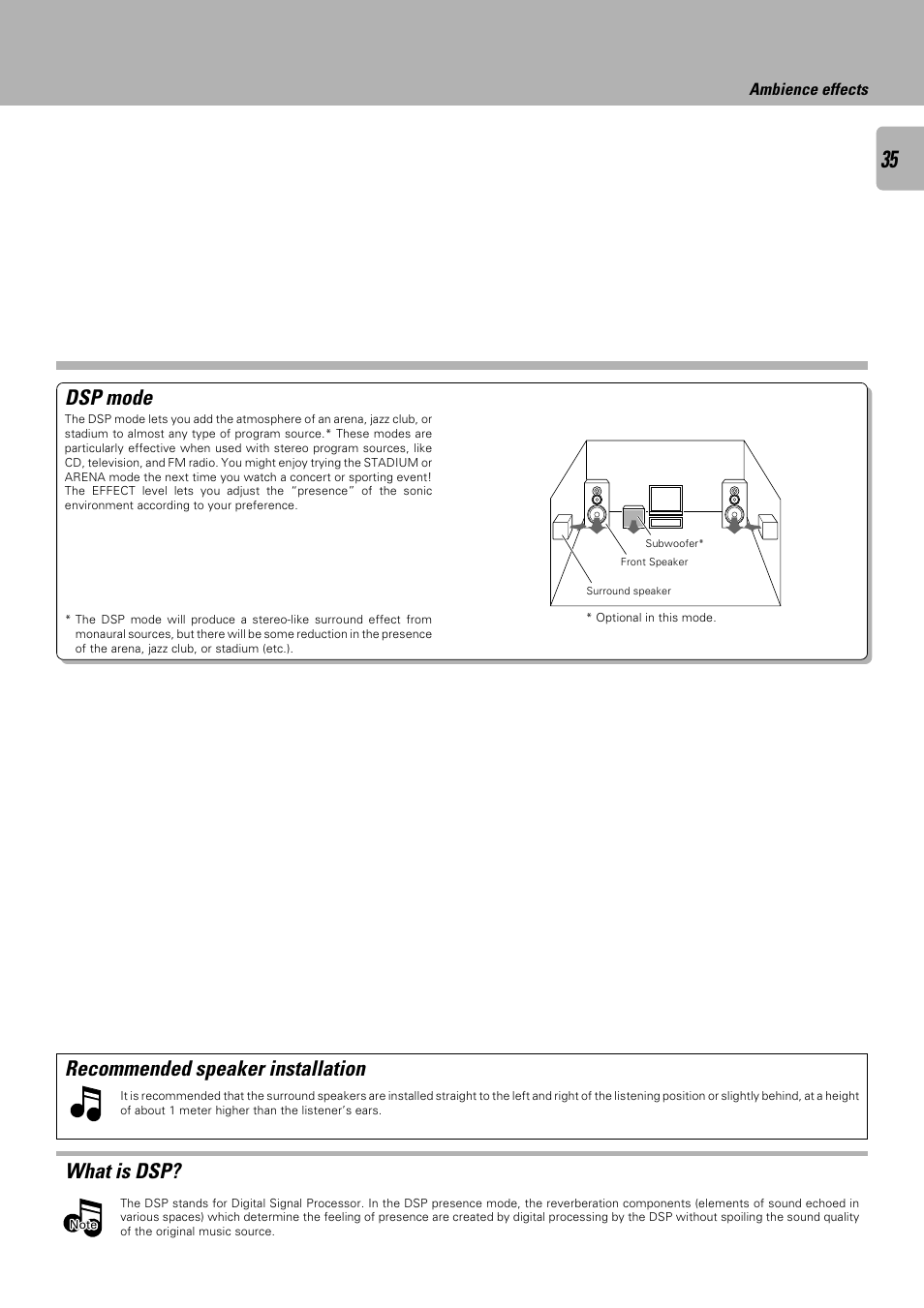 What is dsp, Recommended speaker installation, Dsp mode | Kenwood C-V301 User Manual | Page 35 / 56