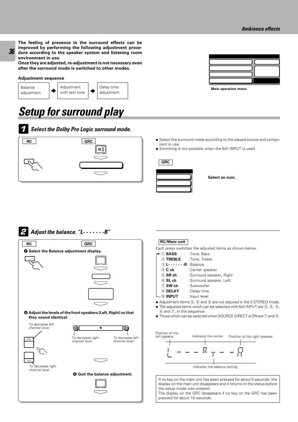 Setup for surround play, L - - - y t - - r, Select the dolby pro logic surround mode | Adjust the balance. “l- - - - - - -r, Ambience effects | Kenwood C-V301 User Manual | Page 36 / 56