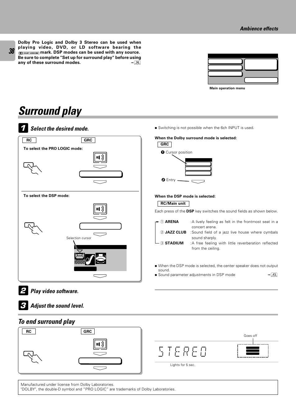 Surround play, Surround play 1, Select the desired mode | Play video software. adjust the sound level, Ambience effects | Kenwood C-V301 User Manual | Page 38 / 56