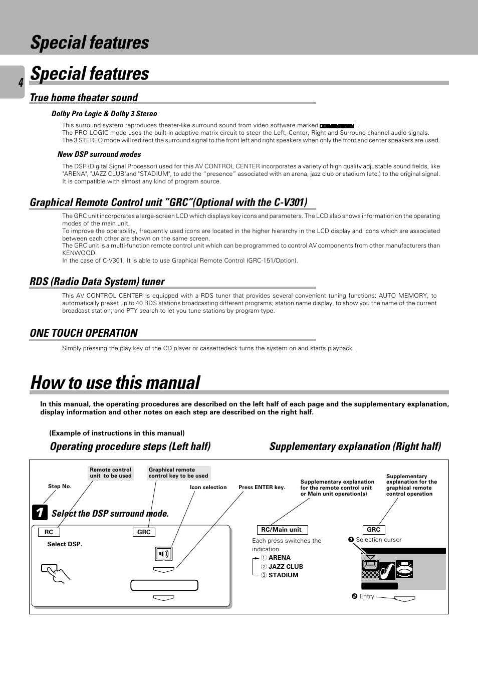 Special features, How to use this manual, True home theater sound | Operating procedure steps (left half), Supplementary explanation (right half), Rds (radio data system) tuner one touch operation, Select the dsp surround mode | Kenwood C-V301 User Manual | Page 4 / 56