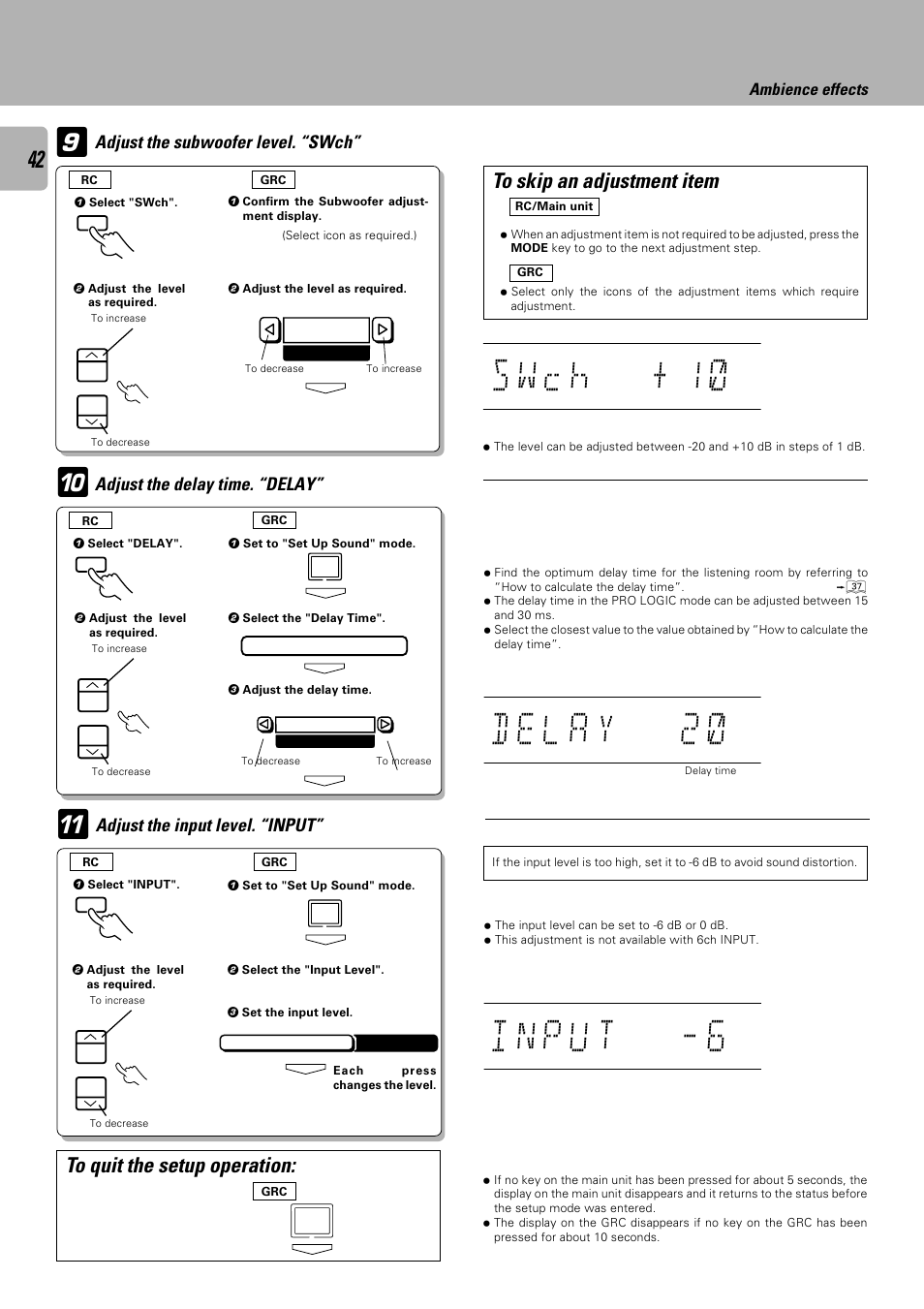 Adjust the subwoofer level. “swch, Adjust the delay time. “delay, Adjust the input level. “input | Kenwood C-V301 User Manual | Page 42 / 56