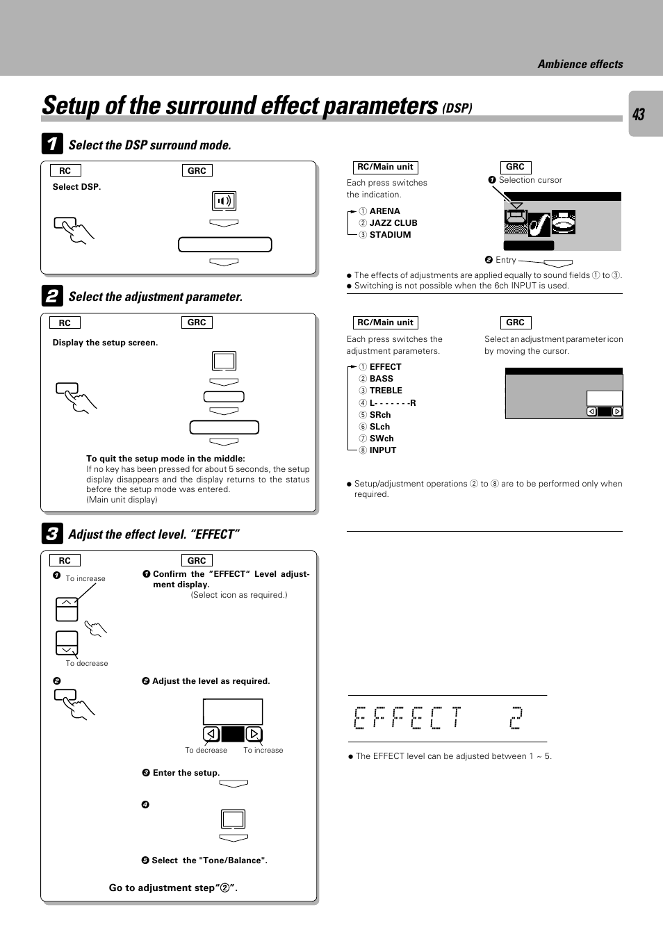 Setup of the surround effect parameters (dsp), Setup of the surround effect parameters, Select the dsp surround mode | Select the adjustment parameter, Adjust the effect level. “effect, Dsp), Ambience effects | Kenwood C-V301 User Manual | Page 43 / 56