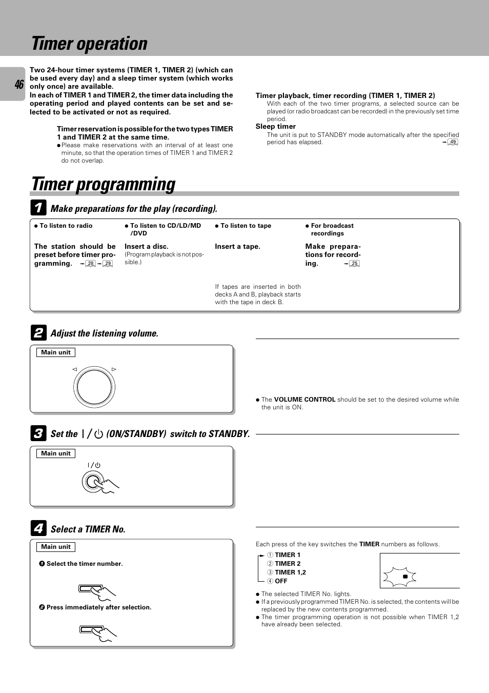 Timer operation, Timer programming, Make preparations for the play (recording) | Select a timer no | Kenwood C-V301 User Manual | Page 46 / 56