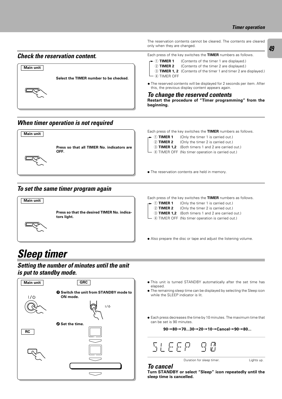 Sleep timer, E e ), S l p 9 | Check the reservation content | Kenwood C-V301 User Manual | Page 49 / 56