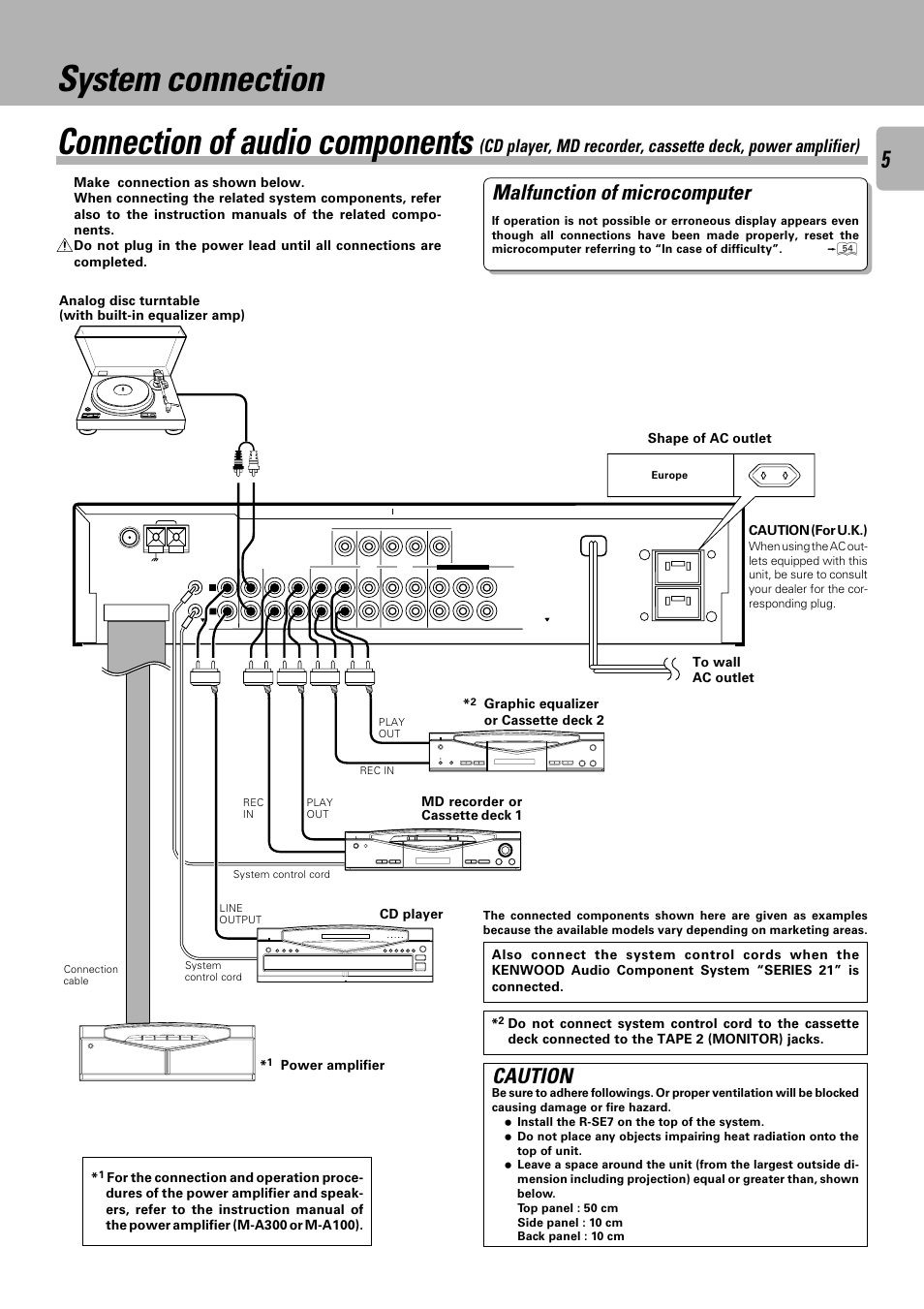 System connection, System connection connection of audio components, Malfunction of microcomputer | Caution | Kenwood C-V301 User Manual | Page 5 / 56