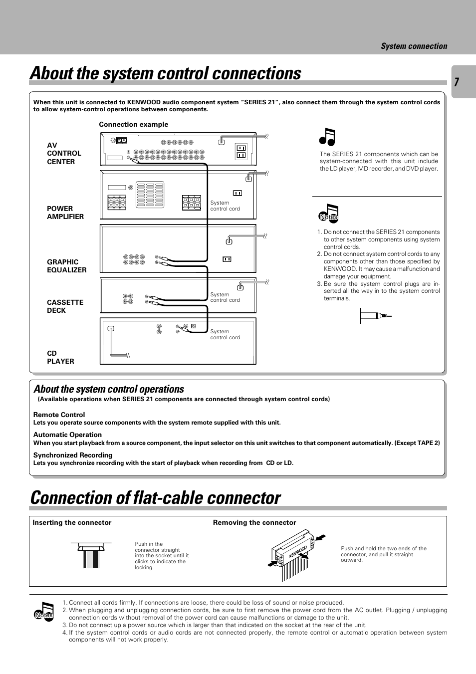 About the system control connections, Connection of flat-cable connector, About the system control operations | System connection | Kenwood C-V301 User Manual | Page 7 / 56
