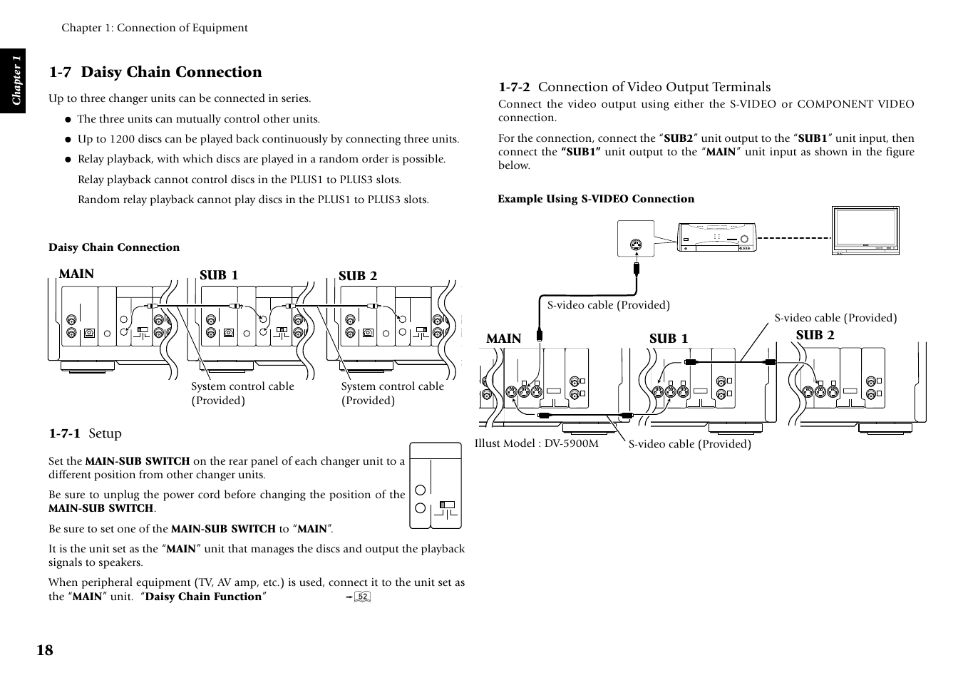 7 daisy chain connection, 7-2 connection of video output terminals, Main sub 2 sub 1 | 7-1 setup, Example using s-video connection, Illust model : dv-5900m s-video cable (provided), S-video cable (provided), System control cable (provided) | Kenwood DV-5050M User Manual | Page 18 / 96