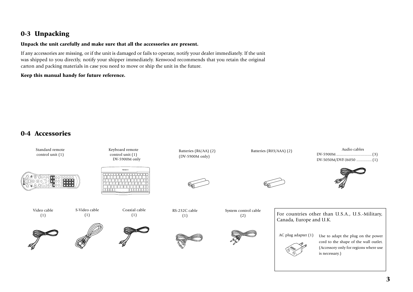 3 unpacking, 4 accessories, 4 accessories 0-3 unpacking | Remote control unit rc-kb2 | Kenwood DV-5050M User Manual | Page 3 / 96