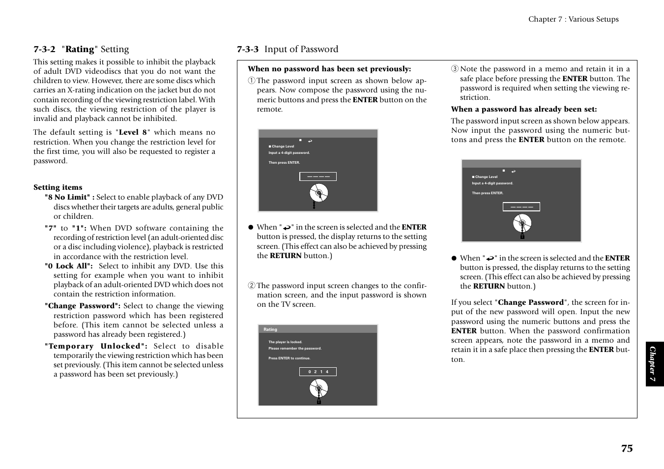 3-2 " rating " setting, 3-3 input of password | Kenwood DV-5050M User Manual | Page 75 / 96