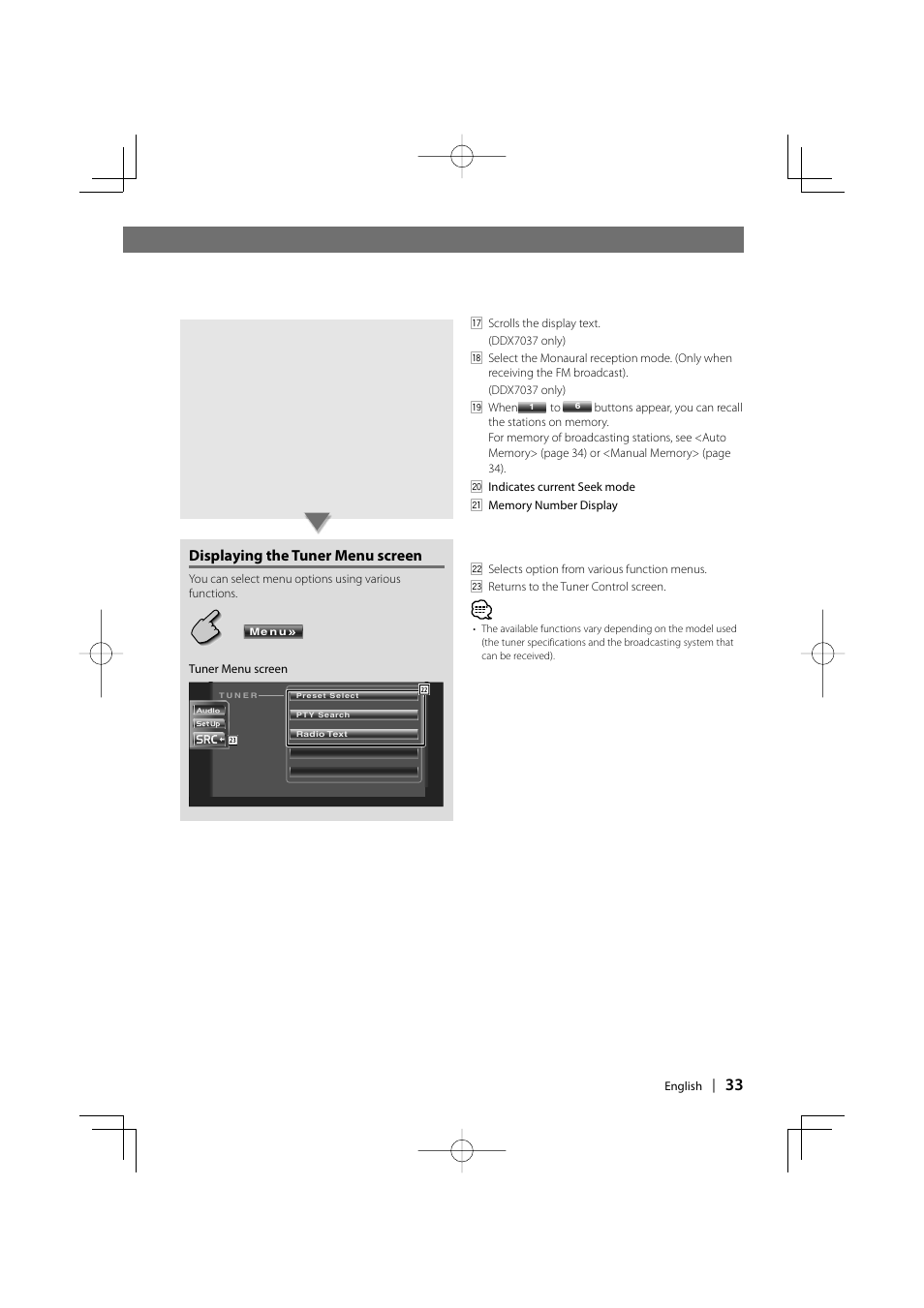 Displaying the tuner menu screen | Kenwood DDX7037 User Manual | Page 33 / 76