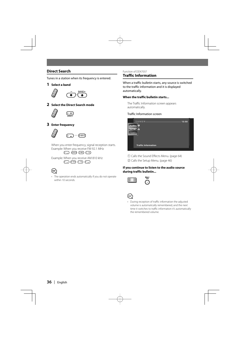 Direct search, Traffic information | Kenwood DDX7037 User Manual | Page 36 / 76