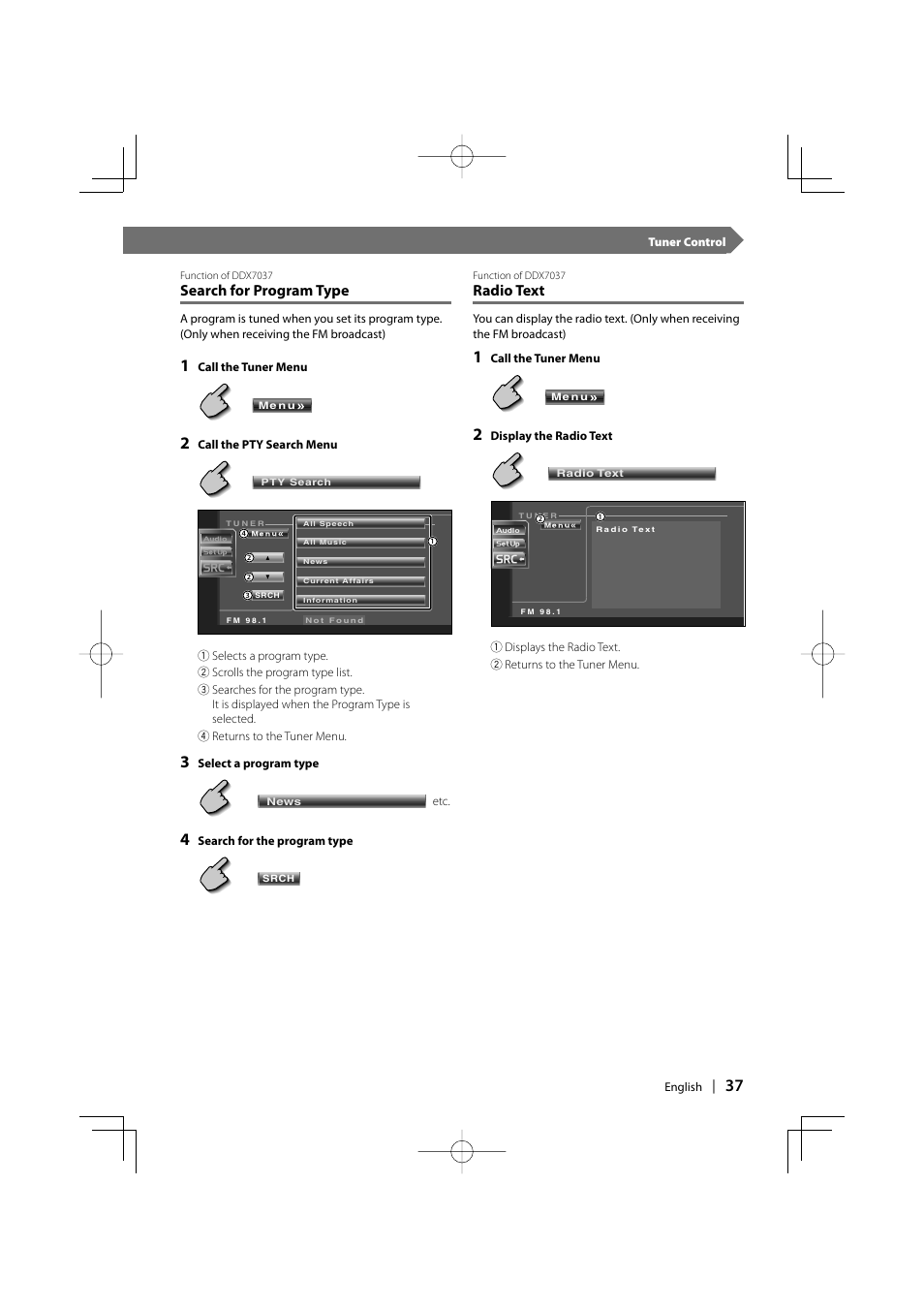 Search for program type, Radio text | Kenwood DDX7037 User Manual | Page 37 / 76