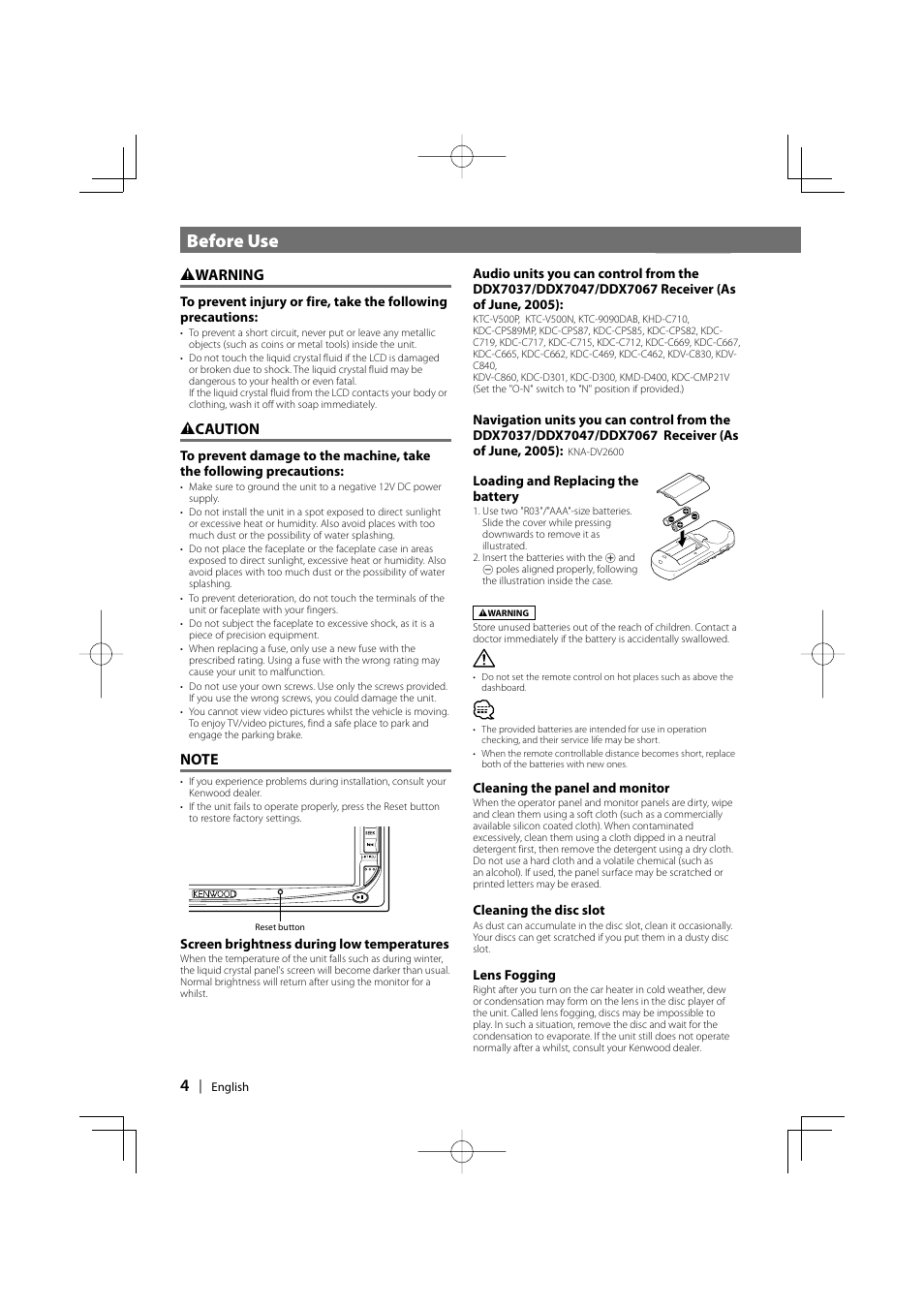 Before use, 2 warning, 2 caution | Kenwood DDX7037 User Manual | Page 4 / 76
