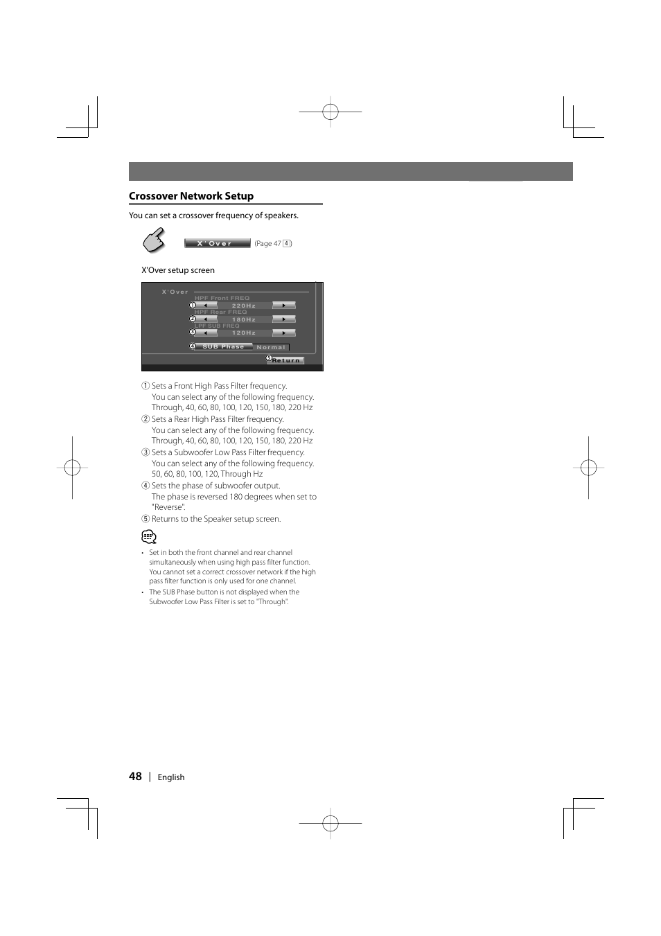 Crossover network setup | Kenwood DDX7037 User Manual | Page 48 / 76