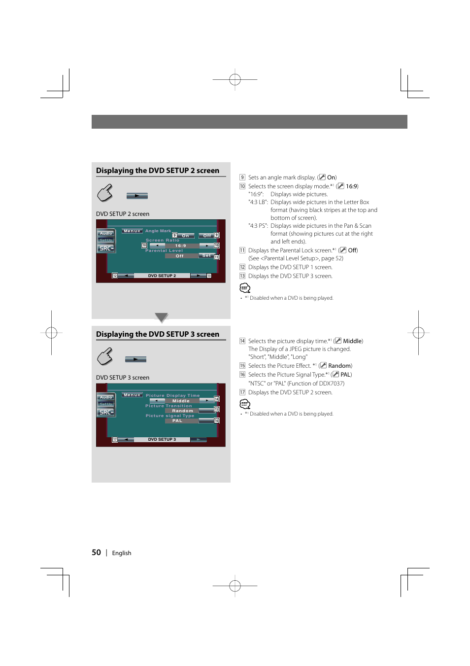 Displaying the dvd setup 2 screen, Displaying the dvd setup 3 screen | Kenwood DDX7037 User Manual | Page 50 / 76