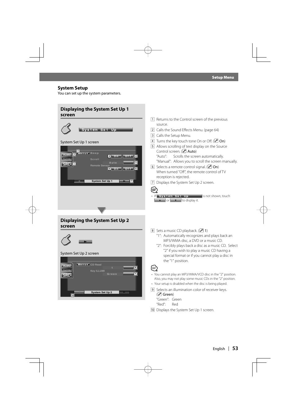 System setup, Displaying the system set up 1 screen, Displaying the system set up 2 screen | Kenwood DDX7037 User Manual | Page 53 / 76