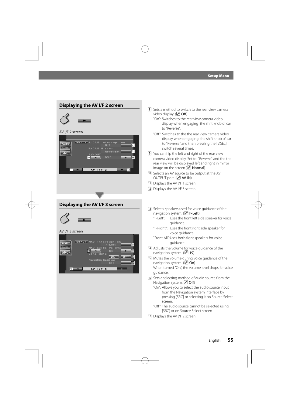 Before use, Displaying the av i/f 2 screen, Displaying the av i/f 3 screen | Kenwood DDX7037 User Manual | Page 55 / 76