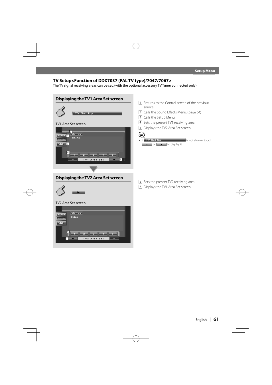 Before use, Displaying the tv1 area set screen, Displaying the tv2 area set screen | Kenwood DDX7037 User Manual | Page 61 / 76