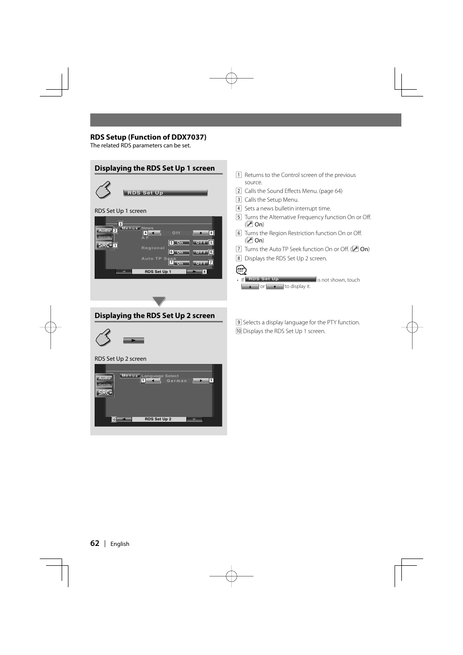 Rds setup (function of ddx7037), Displaying the rds set up 1 screen, Displaying the rds set up 2 screen | Kenwood DDX7037 User Manual | Page 62 / 76