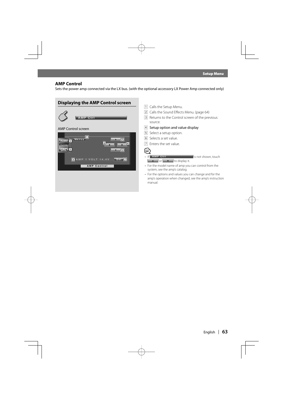 Amp control, Displaying the amp control screen | Kenwood DDX7037 User Manual | Page 63 / 76