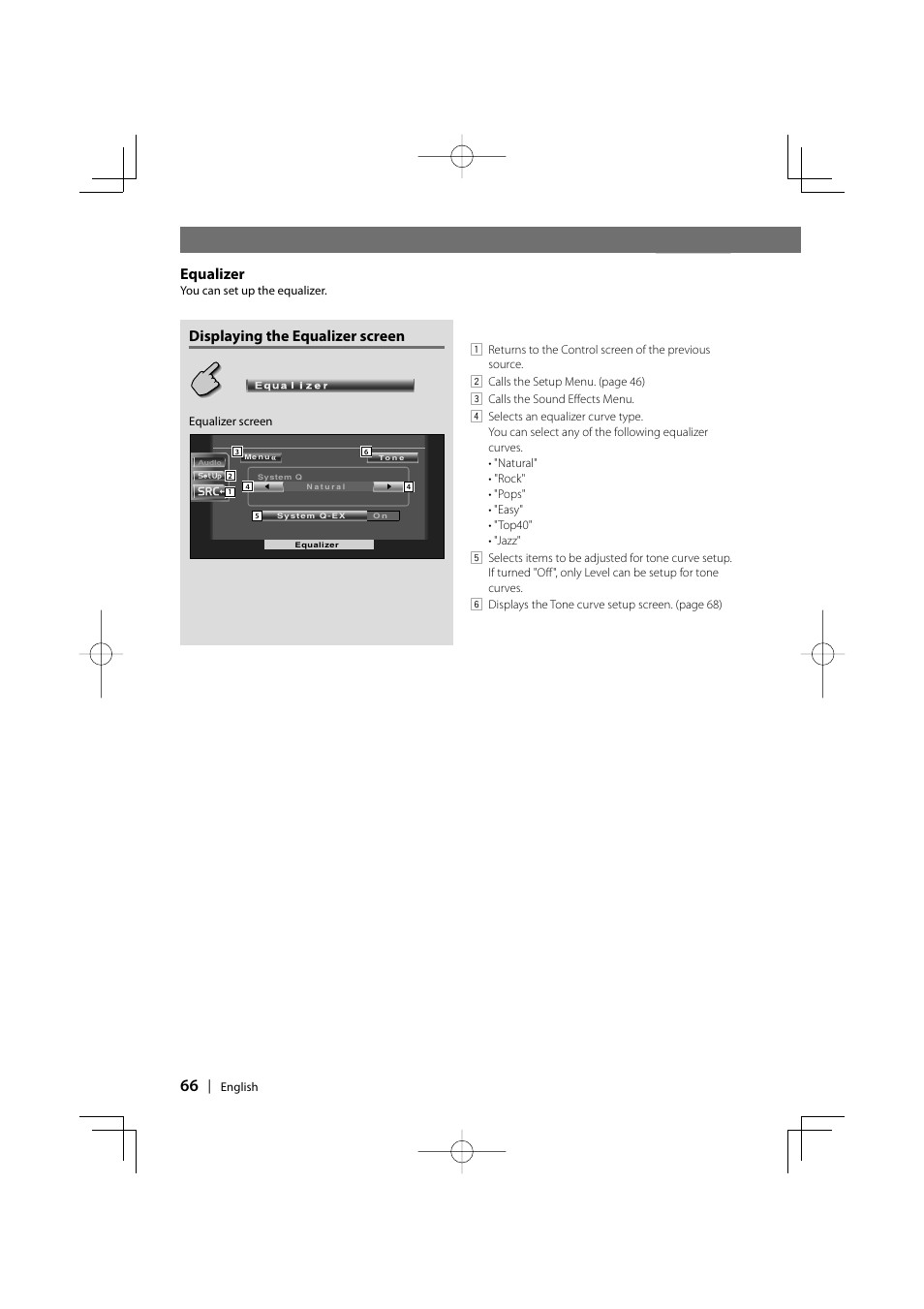 Control during dvd video or video cd playback, Displaying the equalizer screen, Equalizer | Kenwood DDX7037 User Manual | Page 66 / 76