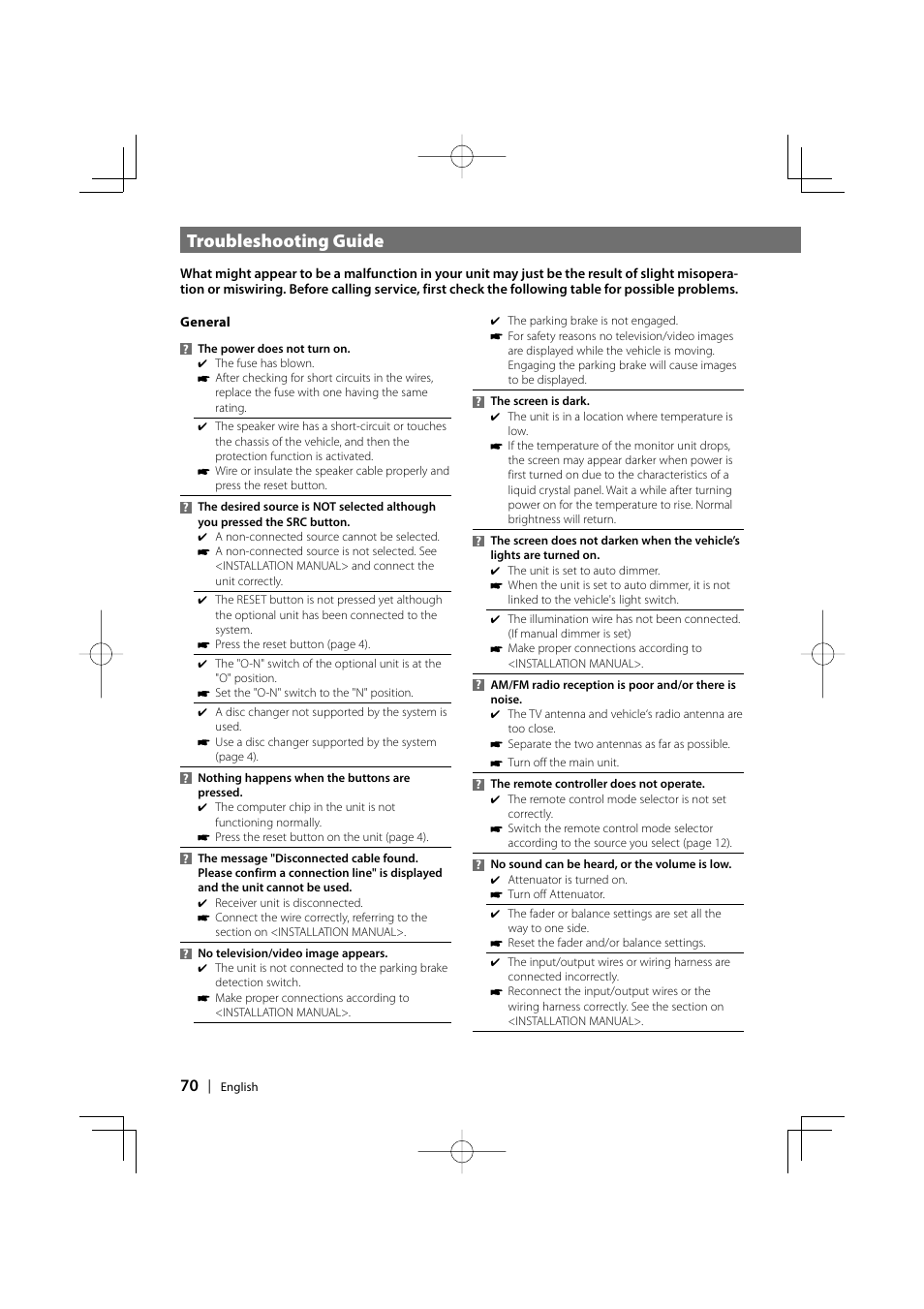 Troubleshooting guide | Kenwood DDX7037 User Manual | Page 70 / 76