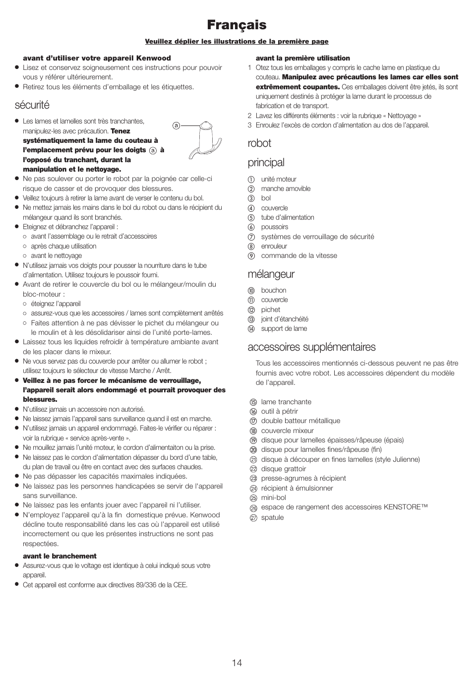 Français, Sécurité, Robot principal | Mélangeur, Accessoires supplémentaires | Kenwood FP710 User Manual | Page 17 / 58