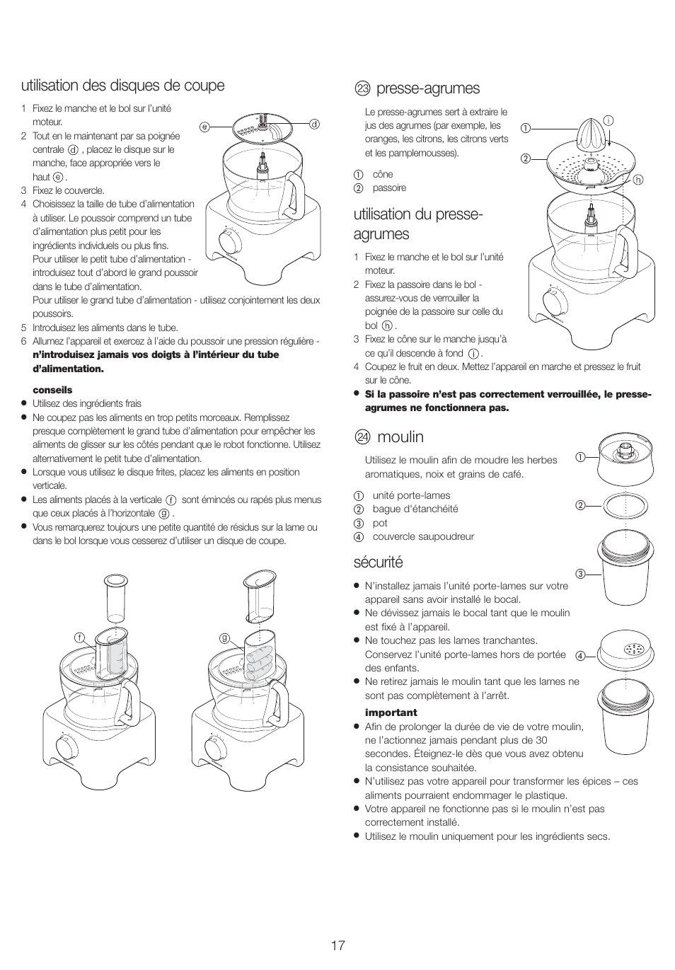 Utilisation des disques de coupe, Presse-agrumes, Utilisation du presse- agrumes | Moulin, Sécurité | Kenwood FP710 User Manual | Page 20 / 58