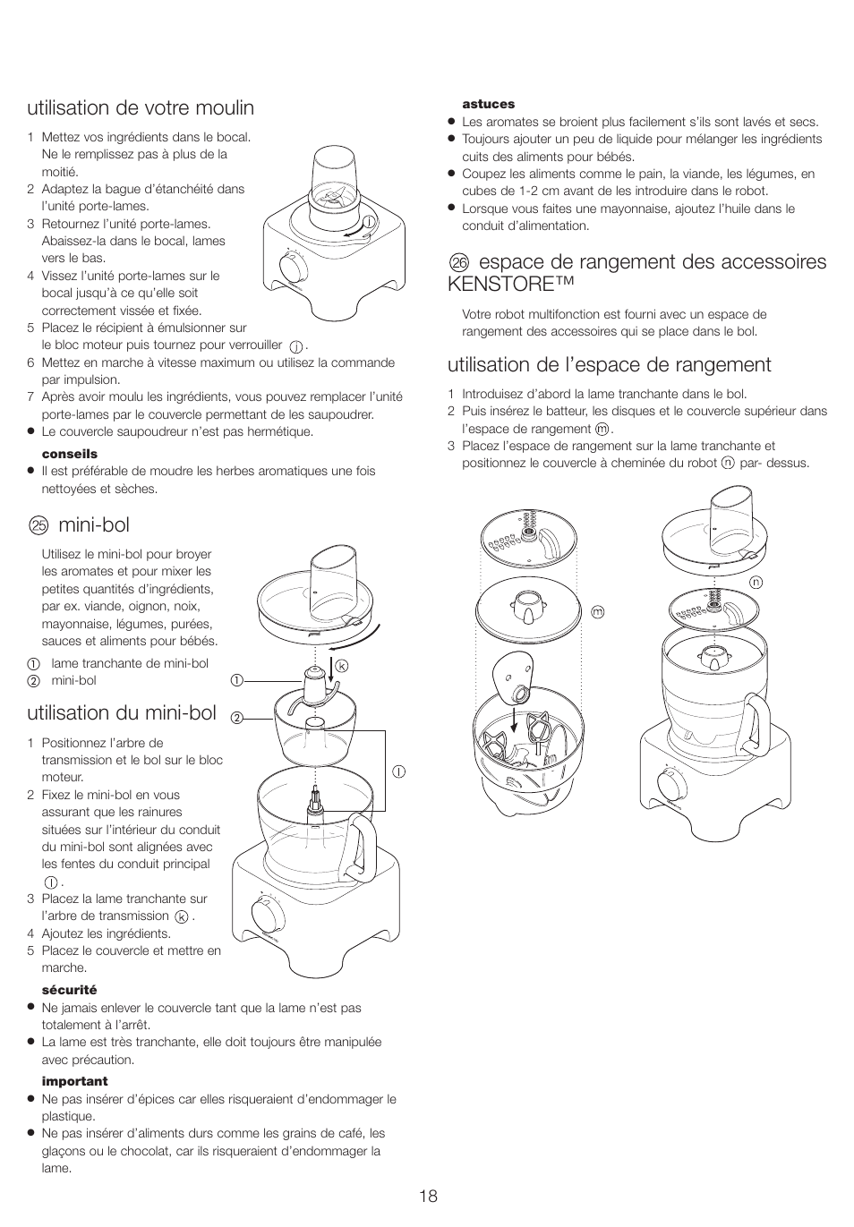 Utilisation de votre moulin, Mini-bol, Utilisation du mini-bol | Espace de rangement des accessoires kenstore, Utilisation de l’espace de rangement | Kenwood FP710 User Manual | Page 21 / 58