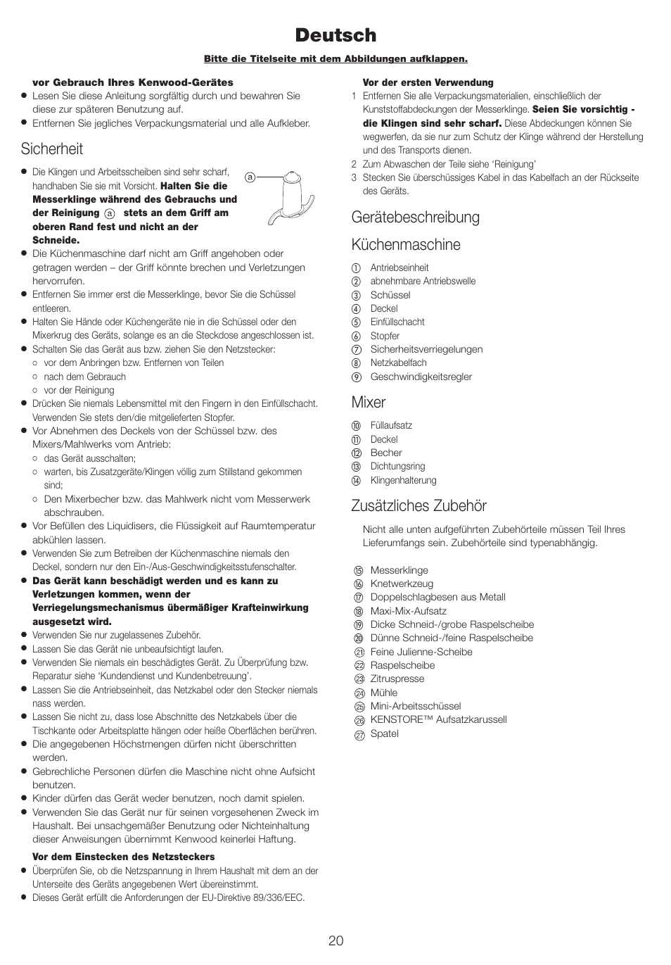 Deutsch, Sicherheit, Gerätebeschreibung küchenmaschine | Mixer, Zusätzliches zubehör | Kenwood FP710 User Manual | Page 23 / 58
