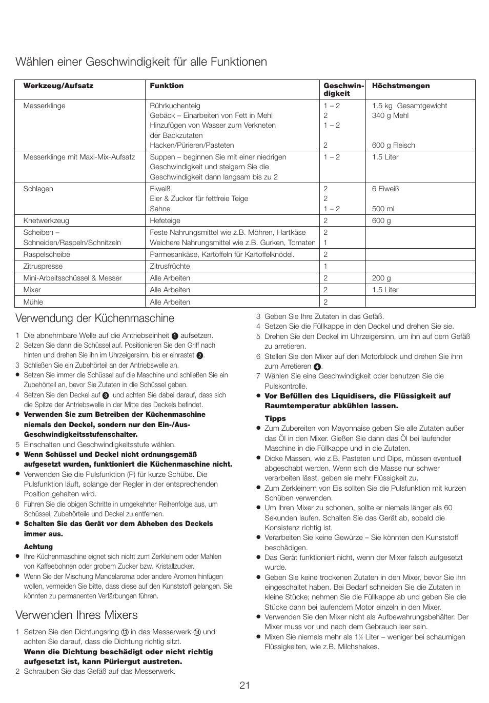 Verwendung der küchenmaschine, Verwenden ihres mixers, Wählen einer geschwindigkeit für alle funktionen | Kenwood FP710 User Manual | Page 24 / 58