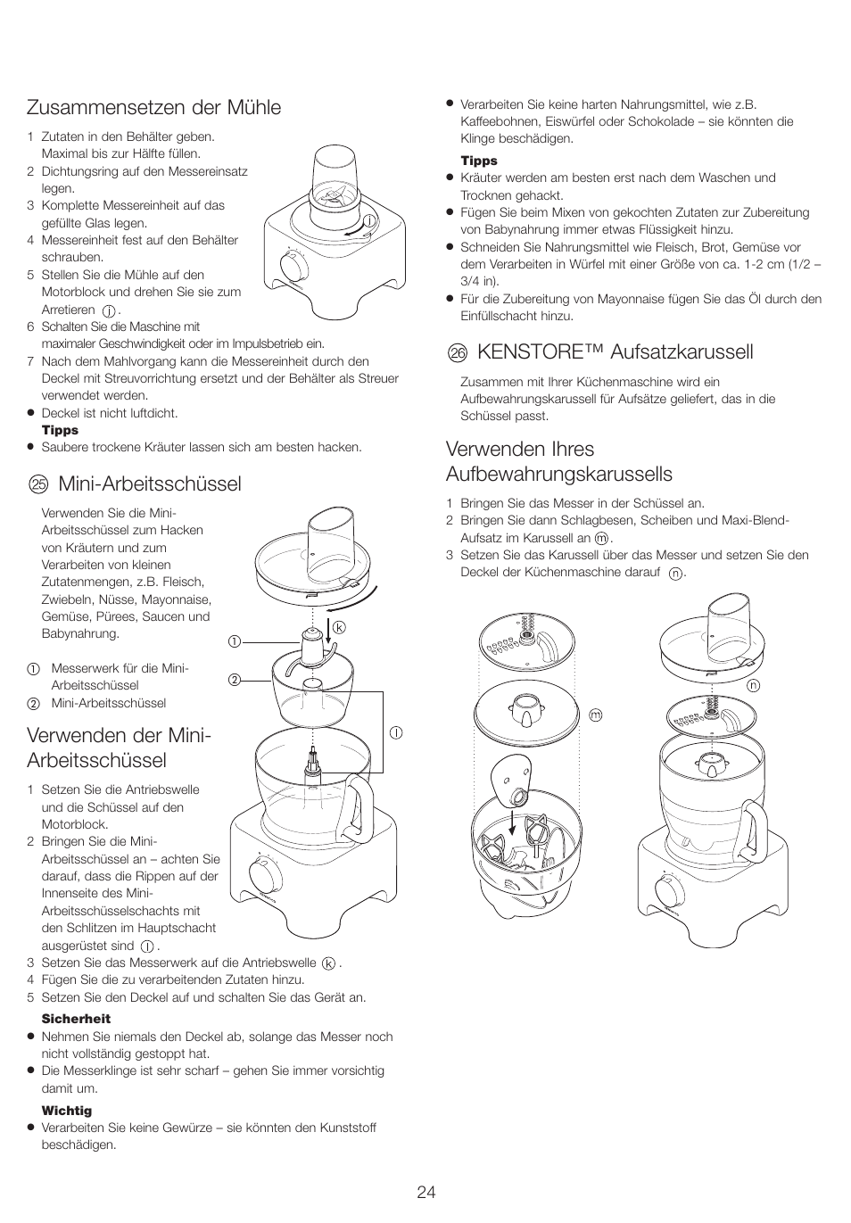 Zusammensetzen der mühle, Mini-arbeitsschüssel, Verwenden der mini- arbeitsschüssel | Kenstore™ aufsatzkarussell, Verwenden ihres aufbewahrungskarussells | Kenwood FP710 User Manual | Page 27 / 58