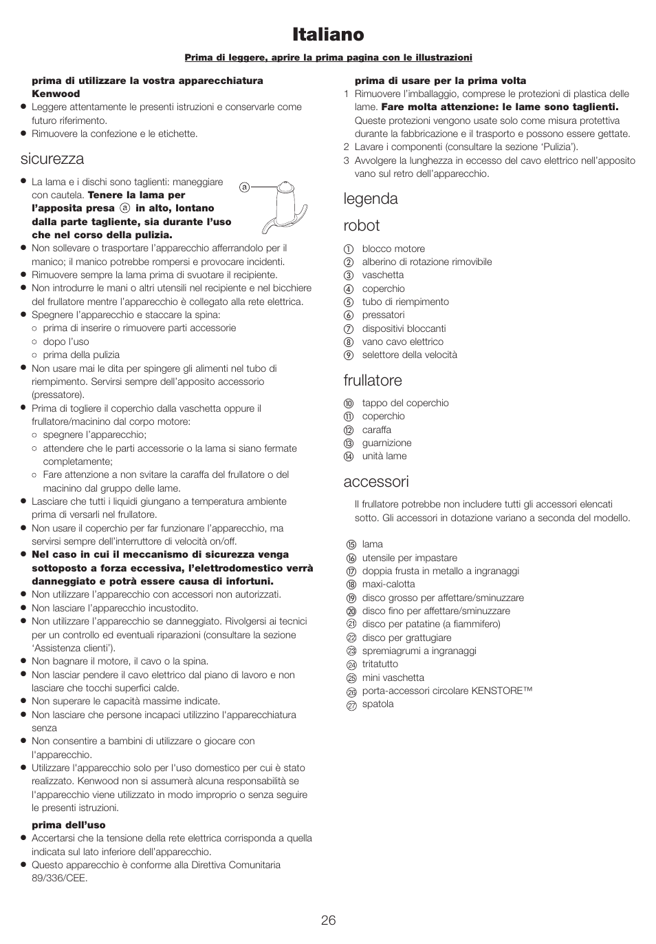 Italiano, Sicurezza, Legenda robot | Frullatore, Accessori | Kenwood FP710 User Manual | Page 29 / 58